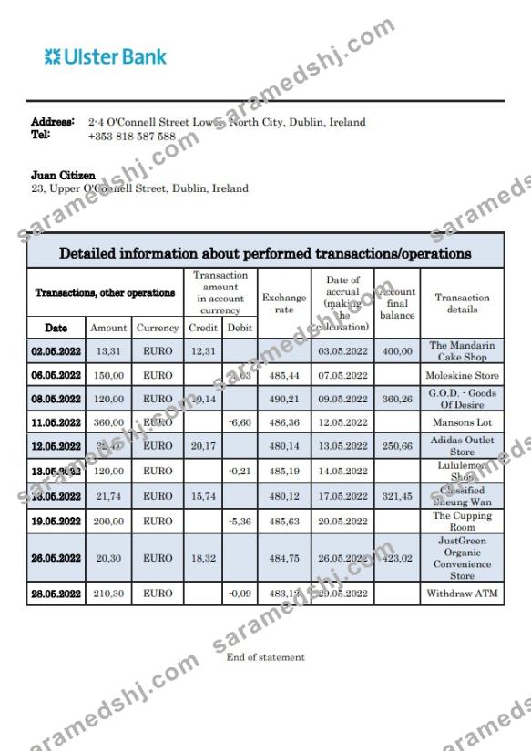 Ireland Ulster Bank statement